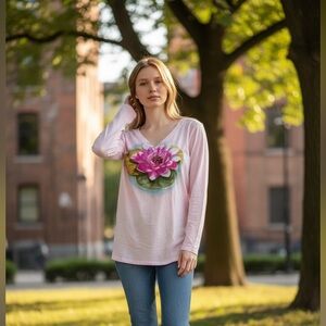 LUCKY TEES new long sleeve lotus flower all-cotton shirt top tee t-shirt Medium